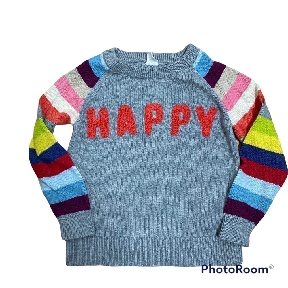 Gap Happy Sweater Multi Color Striped Sleeve Gray Kids Sz 4 Toddler Girls Red
